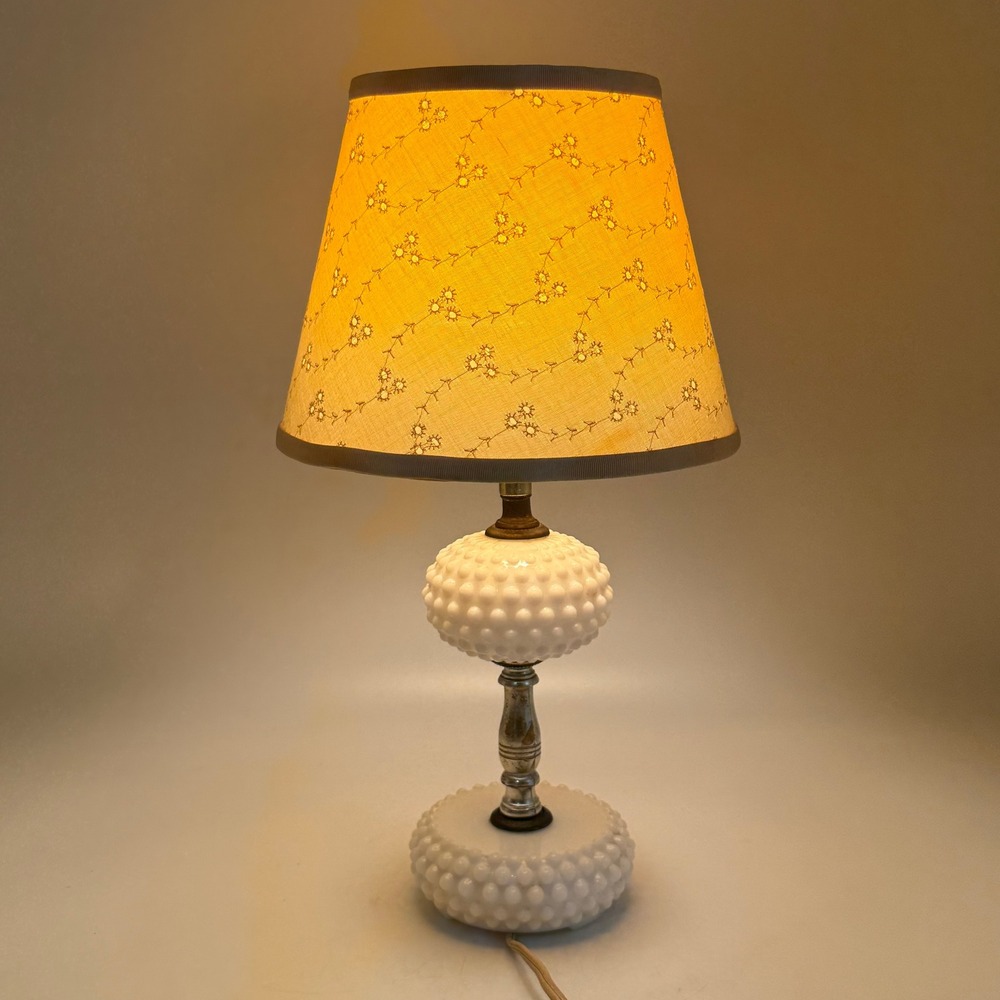 Vintage Milk Glass Hobnail Table Lamp White Embroidered Floral Shade 14.5in
